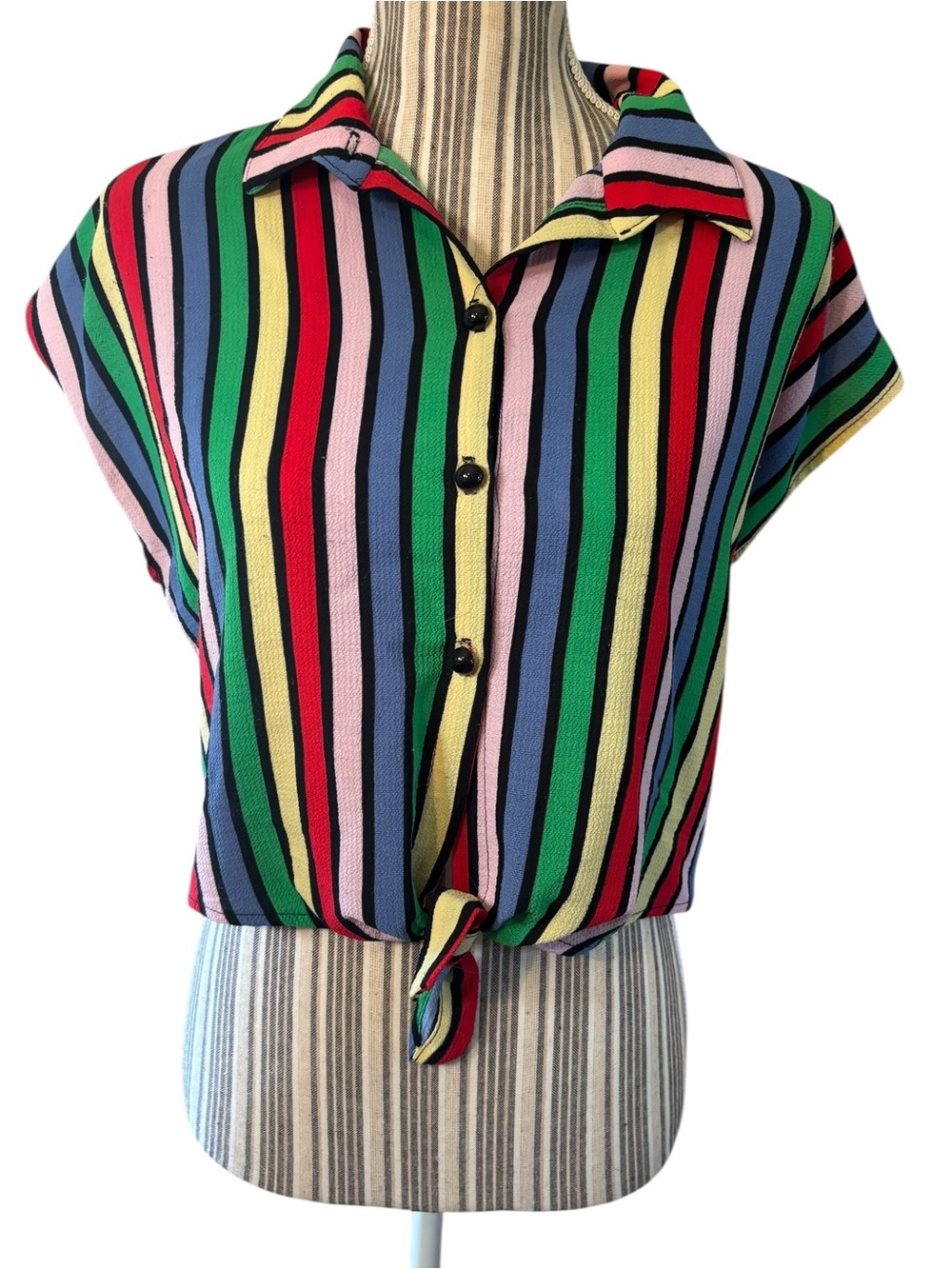 One By One Top Large Multicolor Striped Tie-Front Crop Button-Up Vintage-style